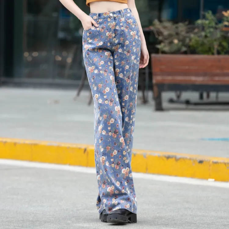 彩绘印花牛仔裤女2025年新款春秋阔腿裤女高腰直筒裤时尚潮流裤子