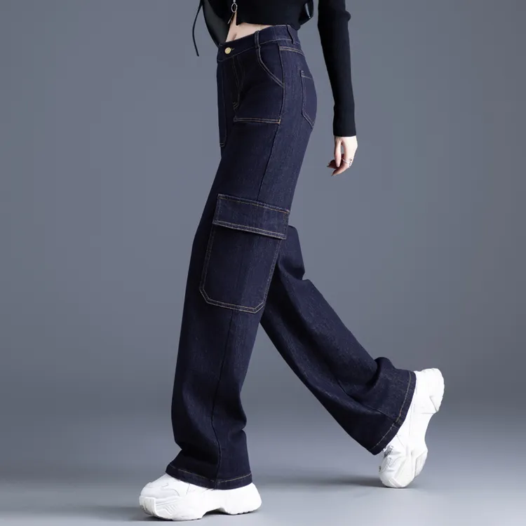 深蓝原色直筒牛仔裤女2026春秋季新款裤子窄版设计阔腿裤工装长裤
