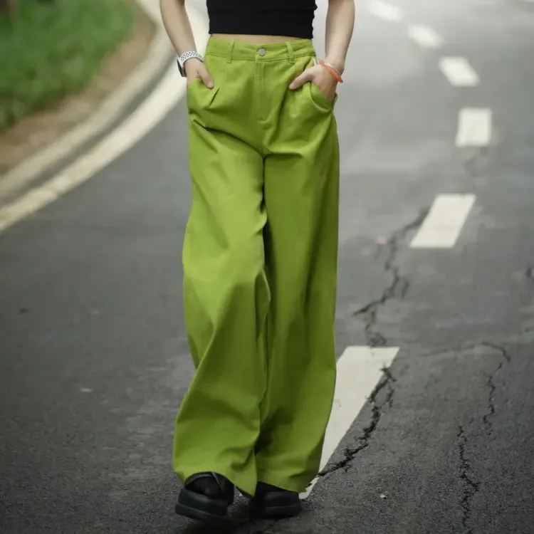 爆款牛油果绿色裤子女2025秋冬新款牛仔裤女小众设计感直筒阔腿裤