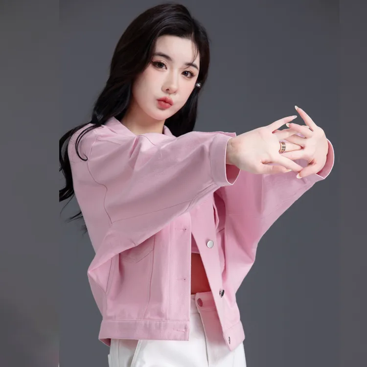 短款纯棉上衣牛仔外套女粉色长袖女装2025春秋季宽松夹克休闲开衫