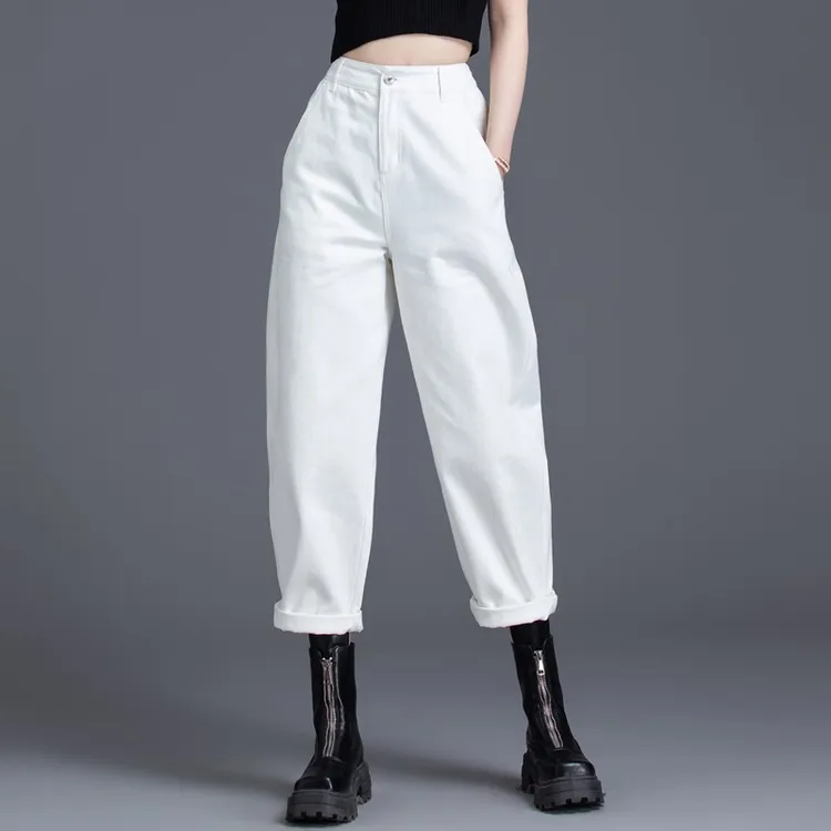 白色牛仔裤女春秋2025新款高腰牛仔香蕉裤老爹裤八九分显瘦哈伦裤