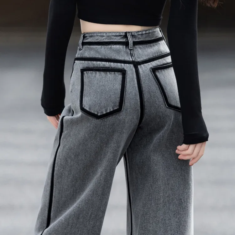 烟灰色加绒牛仔裤女2025新款时尚窄版阔腿裤高腰裤子搭直筒长裤