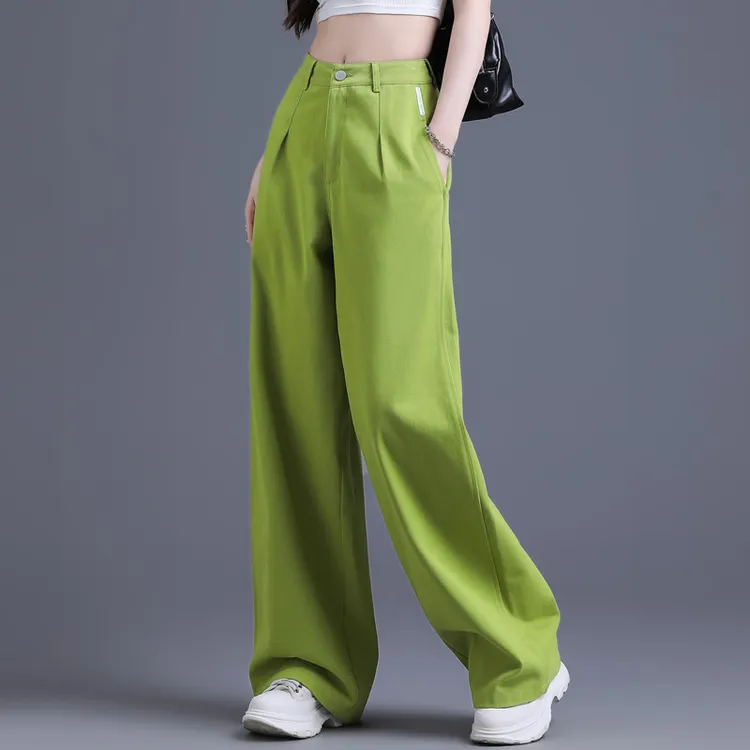 牛油果绿色牛仔裤女2025年新款裤子春秋直筒宽松高腰大裤腿阔腿裤