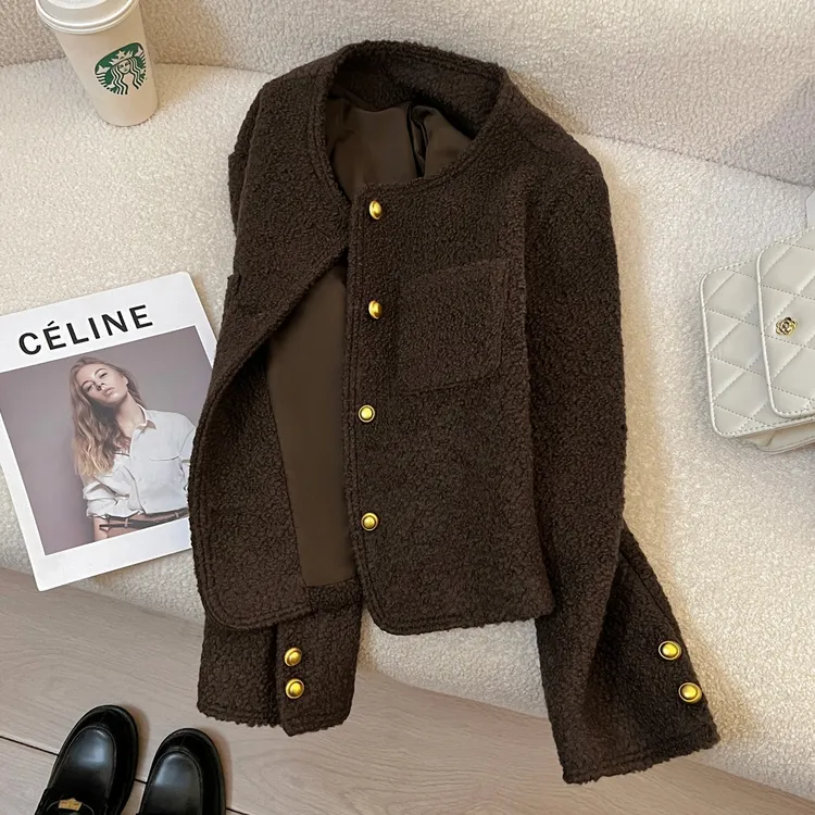 深咖色韩系氛围感小香风西装外套女韩系冬季新款法式名媛复古上衣