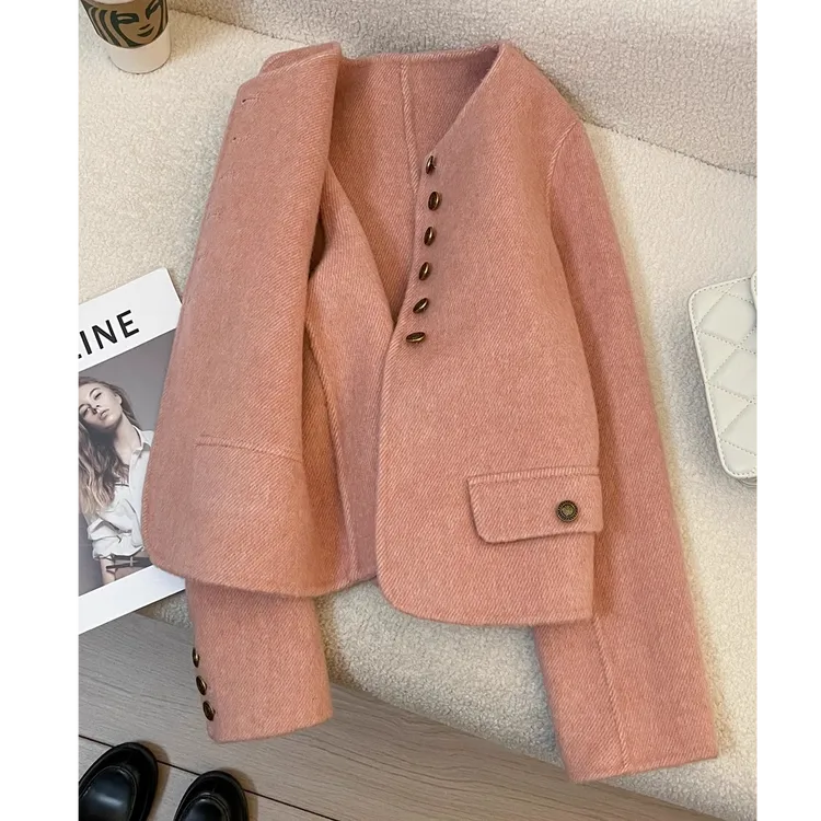粉色名媛短款高端羊毛双面呢女士大衣2024秋冬新款小香风短款大衣