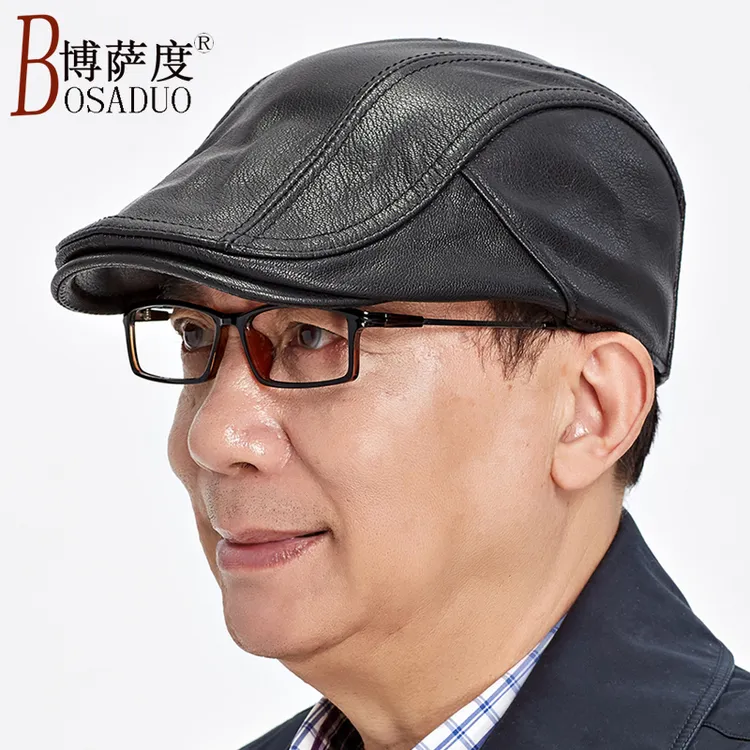 真皮帽子男秋冬季薄款单帽中老年人贝雷帽休闲前进帽爸爸鸭舌帽潮