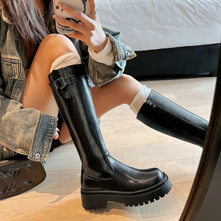 宠范儿英伦风2024显瘦粗跟骑士靴真皮马丁靴百搭厚底长高跟手工鞋