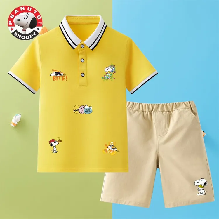 史努比男童纯棉短袖T恤套装2025夏季新款中大童男孩翻领polo衫潮9