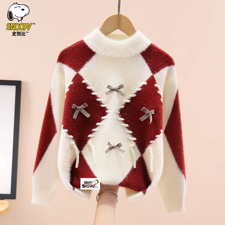 史努比女童毛衣秋冬2025新款洋气中大童女孩水貂绒圆领针织打底衫