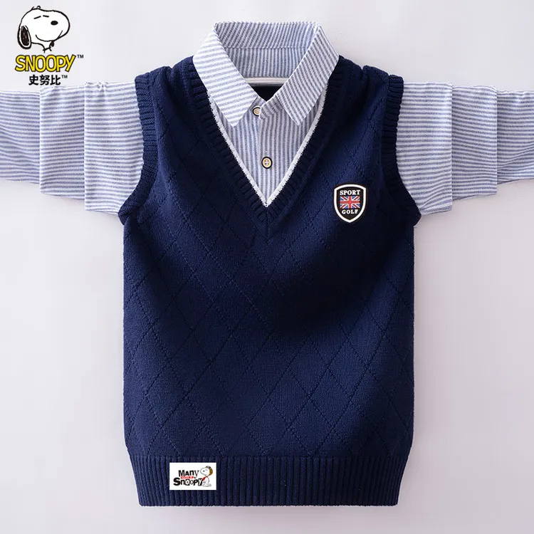 史努比男童针织毛衣秋装2025新款洋气中大儿童衬衫假两件学生马甲