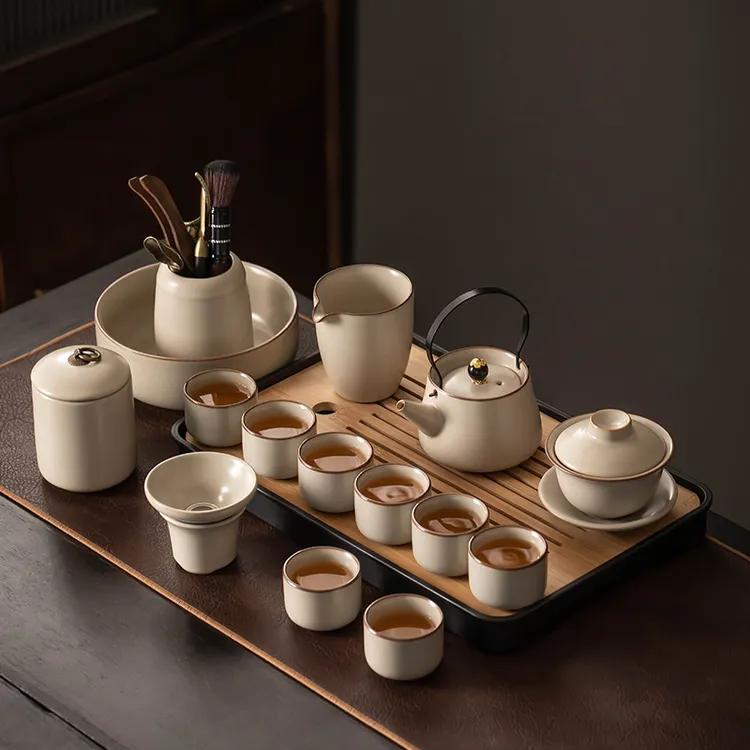 新款汝窑功夫茶具套装家用陶瓷茶壶盖碗茶杯茶盘轻奢高档喝茶中式