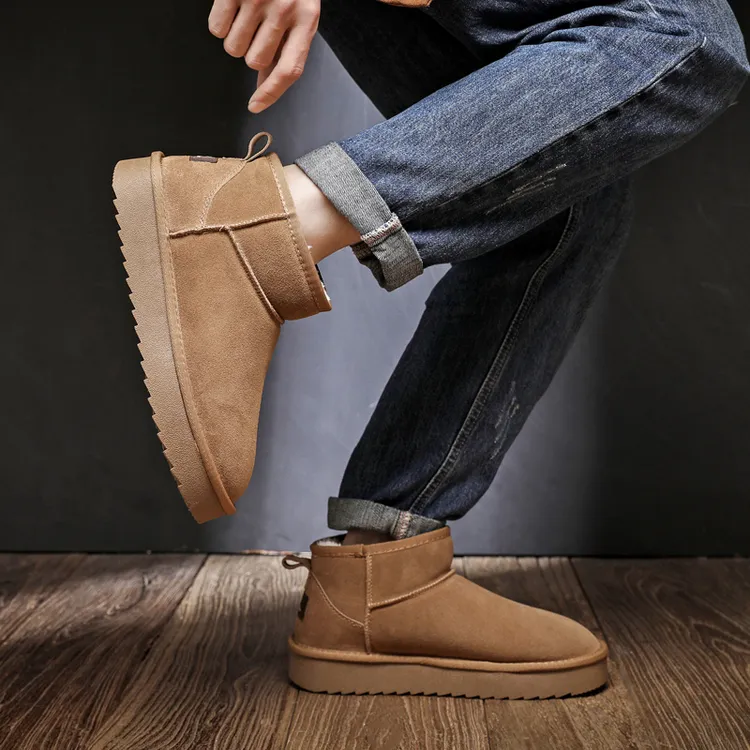 3.5cm厚底加绒加厚牛皮男士雪地靴男短筒保暖棉鞋防滑短靴面包鞋