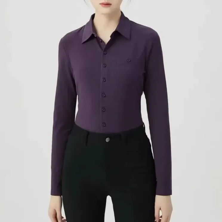 【商场同款】春秋简约尖领长袖纯色莫代尔口袋衬衫女1300820