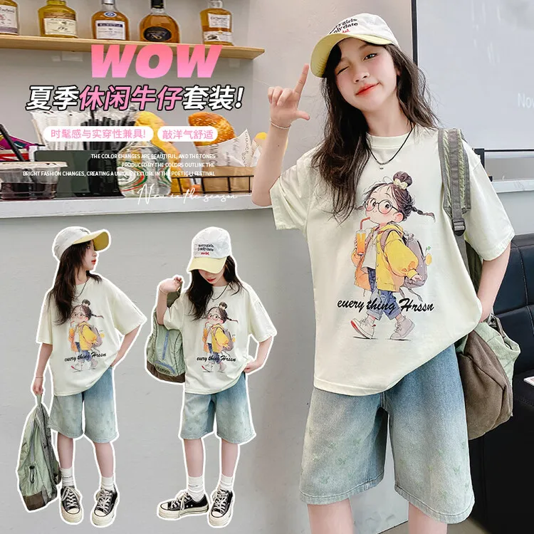 女童夏季牛仔中裤两件套2024新款宽松韩版中大童短袖T恤休闲套装