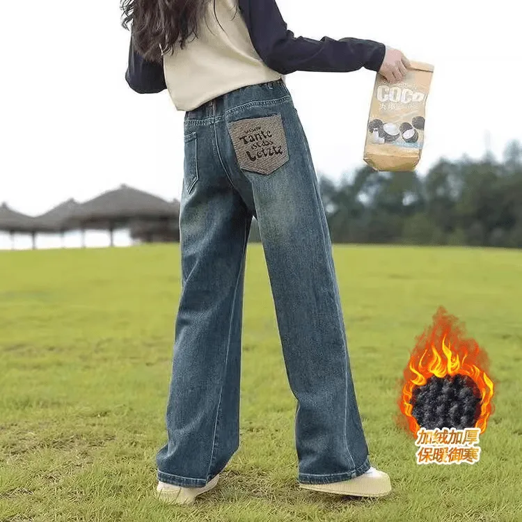 女童加绒裤子2025新款秋冬装中大童一体绒牛仔裤儿童冬季阔腿长裤