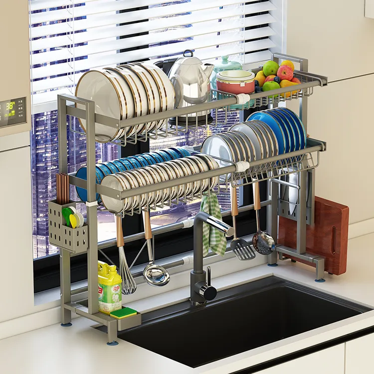 厨房水槽上方不锈钢置物架沥水架可伸缩滤水碗架放碗盘碗碟收纳层
