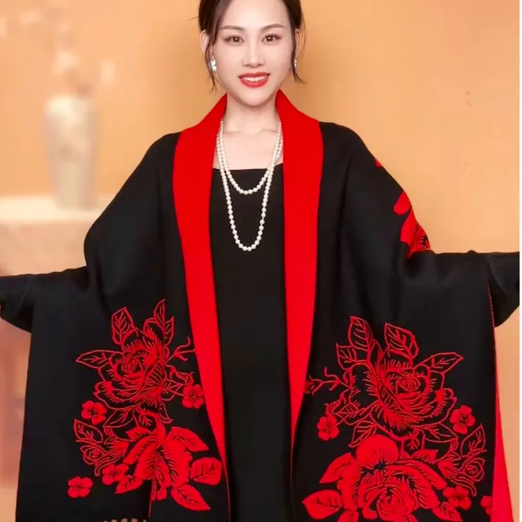 秋冬披肩时尚百搭旗袍外搭斗篷双面外套开衫披肩民族风仿羊绒披肩