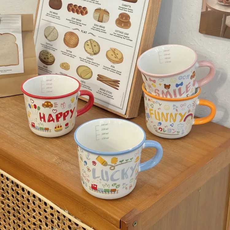 陶瓷马克杯带刻度女生可爱水杯家用牛奶杯儿童早餐杯燕麦咖啡杯子