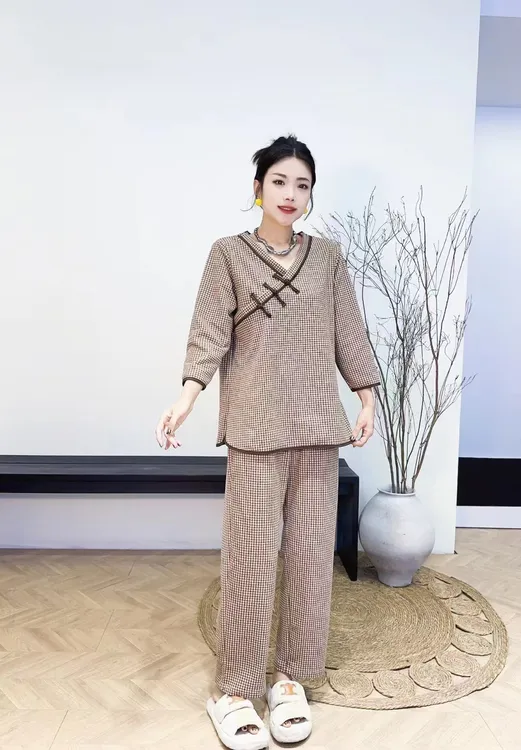 秋冬款女士网红格子睡衣加厚磨毛国风盘扣简约家居服