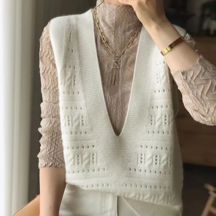 新款女装春100%纯羊毛深V领七针镂空无袖羊绒马甲背心坎肩DYMX