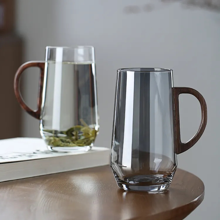 高颜值喝水杯对杯胡桃木把手玻璃绿茶杯耐热大容量透明泡茶水杯子