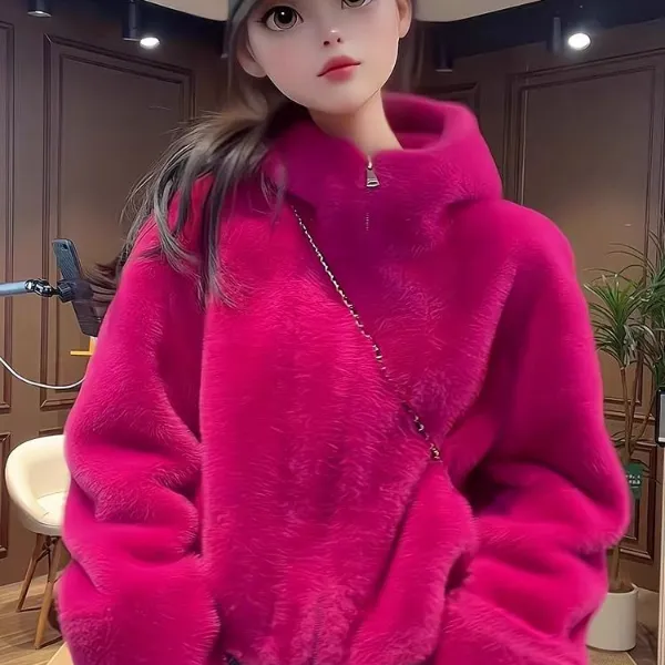 欧洲重磅秋冬季新款毛毛外套女皮毛一体连帽宽松安可拉红爆款ins