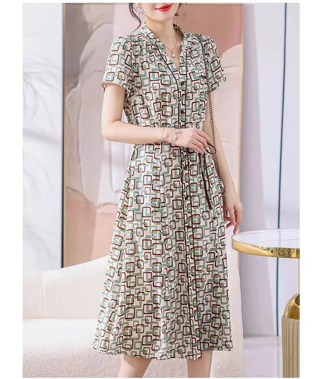 夏装雪纺连衣裙2024新款洋气中长款气质时尚收腰短袖母亲节长裙子