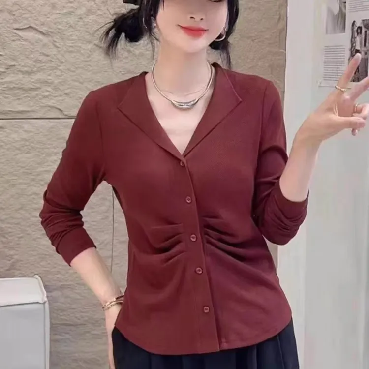 新细罗纹纯色气质长袖小衫2024早秋新款西装领显瘦百搭妈妈装736
