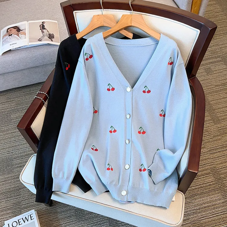 大码女装300斤胖MM甜美风减龄宽松百搭刺绣针织开衫8339