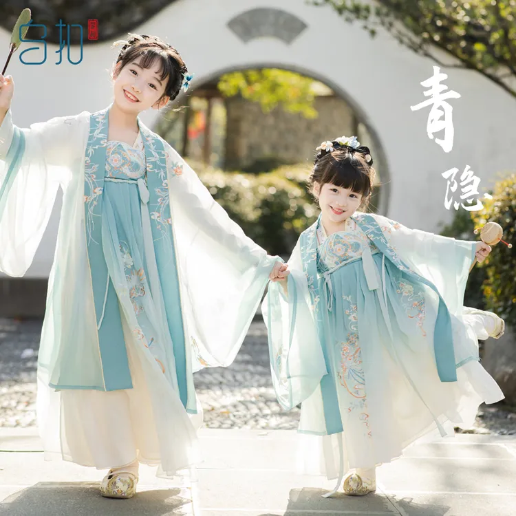 乌扣青隐女童汉服春秋夏季古风日常中国风仙气飘逸春夏长袖公主裙