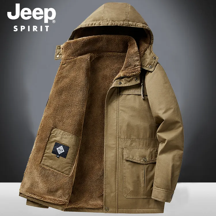 Jeep官方正品加绒连帽棉衣男中长款冬季纯棉工装棉袄加厚保暖棉服
