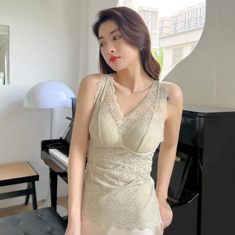 【菲姐专属】百搭蕾丝一体式长款运动女士美背打底性感修身气质背心