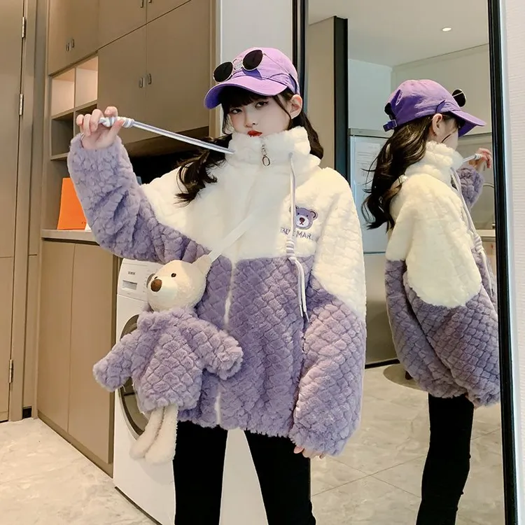 女童加绒外套秋冬款2025新款时髦洋气儿童羊羔绒冬季加厚毛毛衣潮