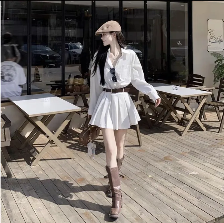 露思同款春秋新款学院风白色设计感收腰减龄长袖短裙衬衫连衣裙女