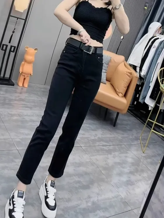大码黑色直筒牛仔裤女春季梨形身材显瘦高腰弹力小个子九分烟管裤