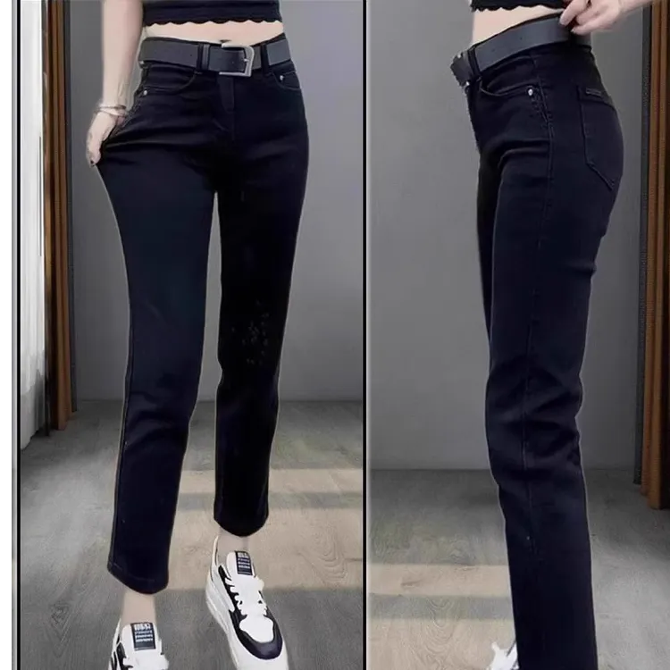 夏季新款梨形身材黑色牛仔裤女大码胖mm高腰弹力显瘦九分直筒裤子
