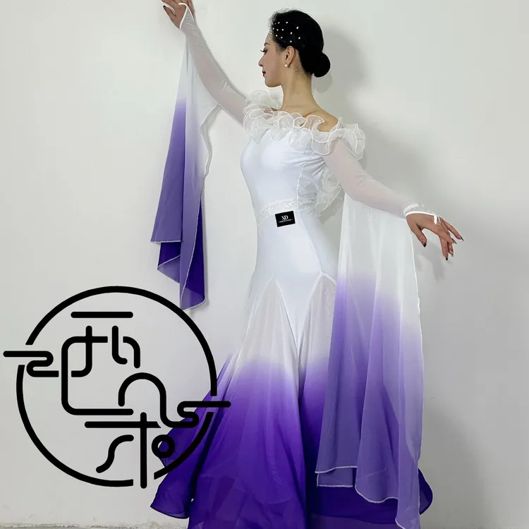 西朵舞服摩登舞重工花边渐变色大裙摆表演服