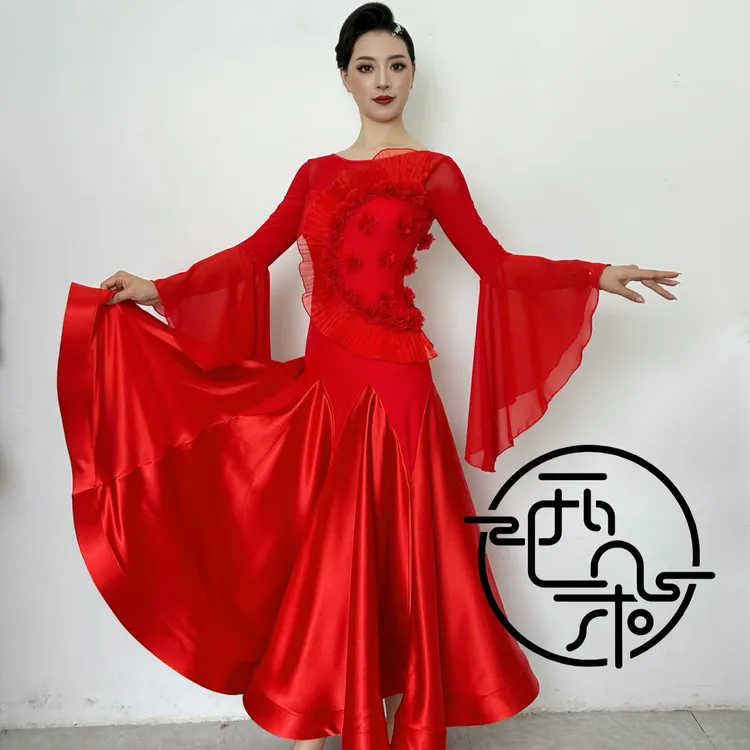 西朵舞服摩登舞立体花边花朵显瘦气质款高级华尔兹表演服XD454