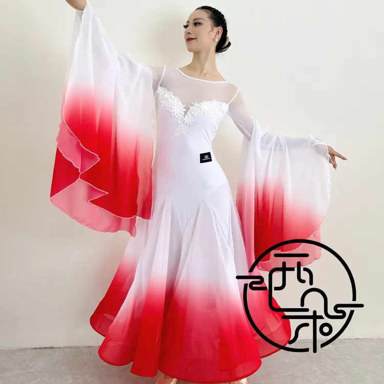 西朵舞服摩登舞渐变色大裙摆雪纺大袖飘高档定制款表演服