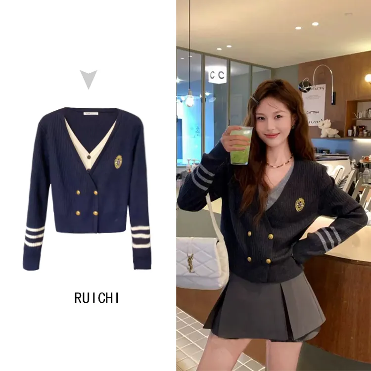 学院风2025秋季新款假两件上衣设计感小众撞色V领百搭针织上衣女