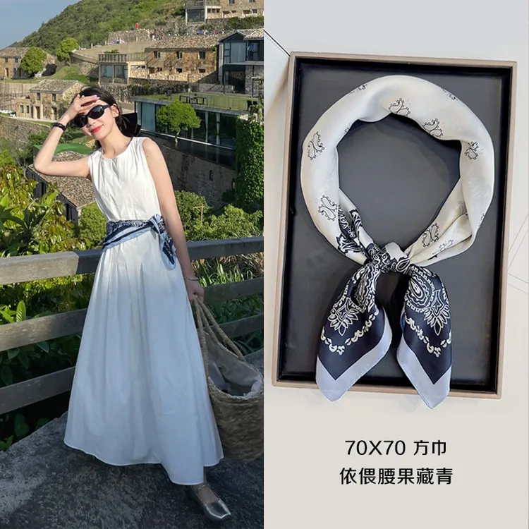 夏季薄款小方巾女腰果出游百搭装饰丝巾头巾系腰带小围巾海边防晒