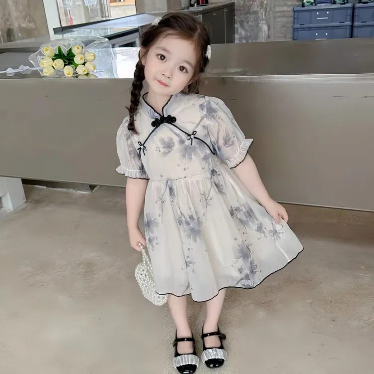 江南烟雨中国风夏季新款洋气连衣裙古风汉服女童宝宝夏季水墨画