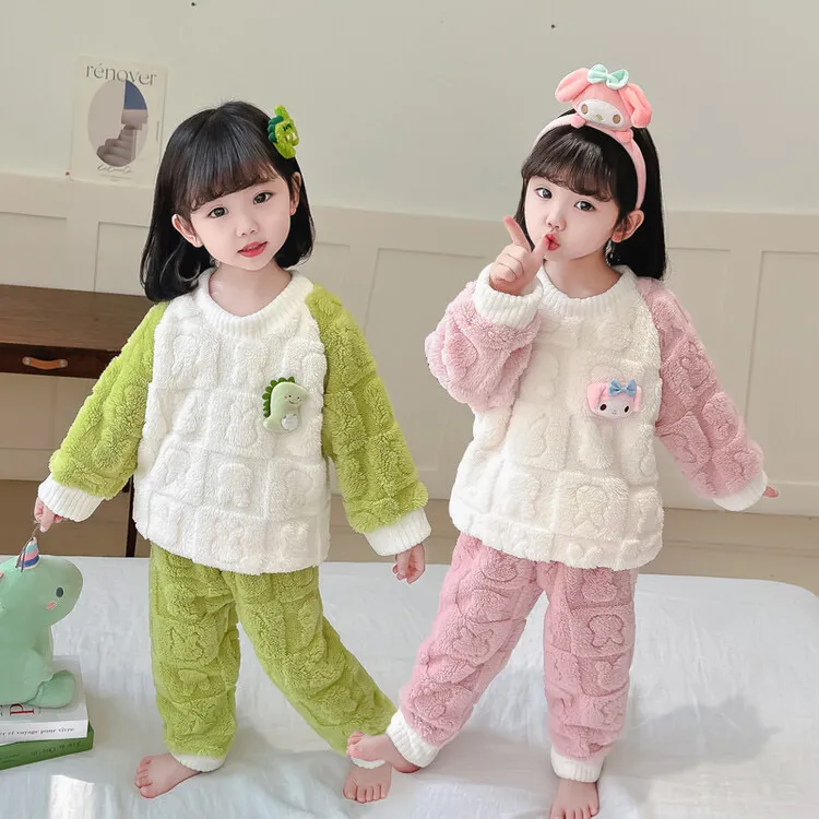 女童新款睡衣珊瑚绒秋冬季加绒卡通儿童女孩中小童家居服套装保暖