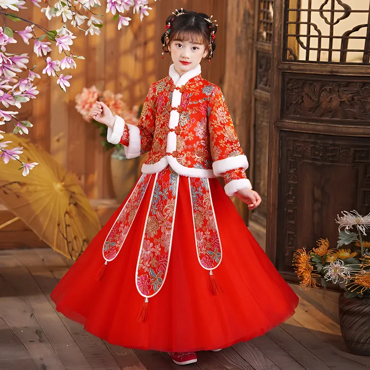 汉服女童冬季唐装儿童中国风加绒加厚连衣裙宝宝旗袍裙拜年服套装