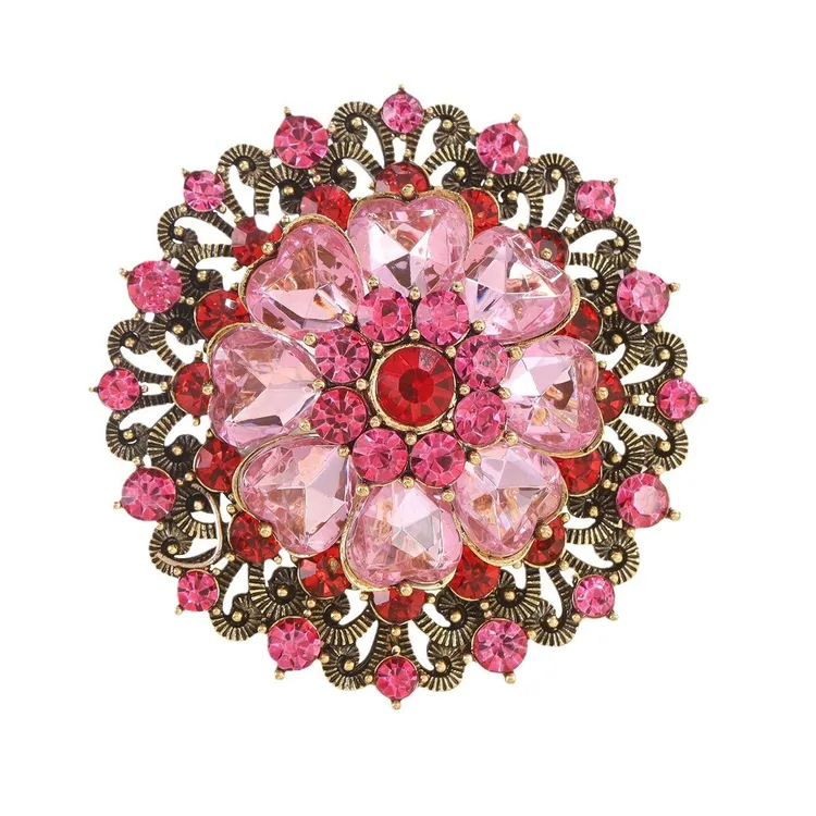 锌合金合成锆石胸针 粉色圆形花朵胸针精致别针配饰开衫毛衣胸花