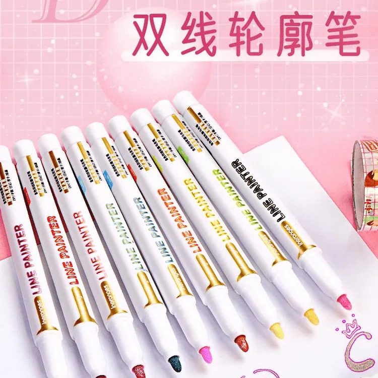 双线轮廓笔闪光笔珠光笔8色双色diy快干速干标记笔专用笔手写抄报