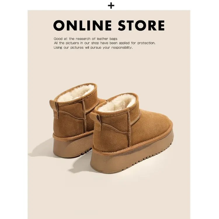 真皮内增高雪地靴女2024新款冬季加绒厚底短筒靴东北保暖羊毛棉鞋