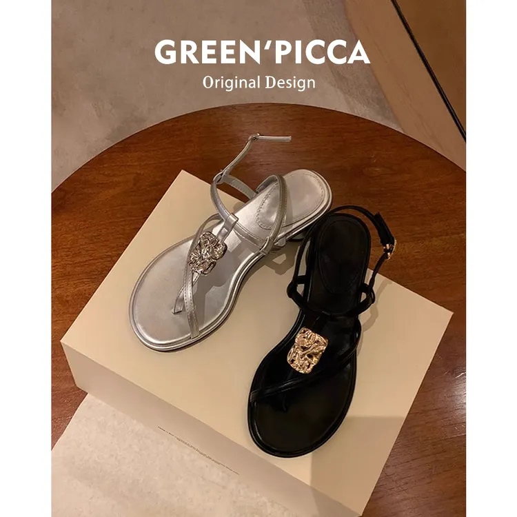 羊皮法式绝美粗跟夹趾凉鞋女款2025夏季新款百搭仙女配裙子罗马鞋