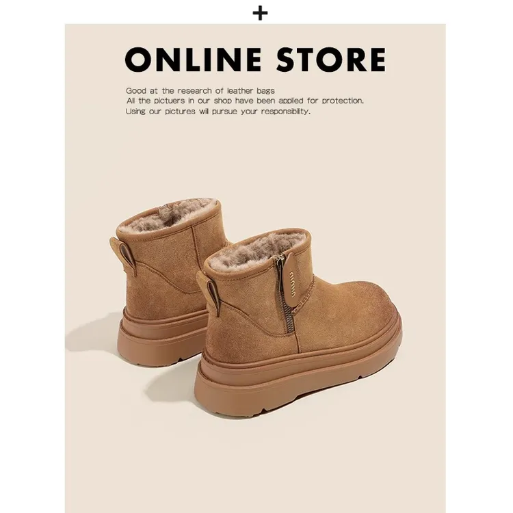全真皮~桑坡厚底加绒雪地靴女2024新款冬季百搭短靴加厚保暖棉鞋