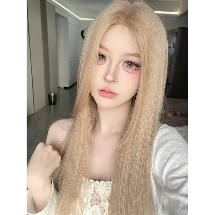 梦露丝【美式甜心】假发女白金长直发小额蕾丝自然气质仿真奶茶米灰